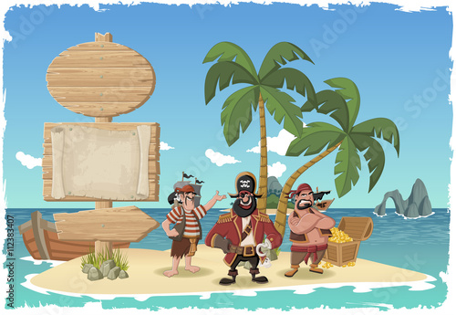 Wooden sign on a beautiful tropical island with cartoon pirates.