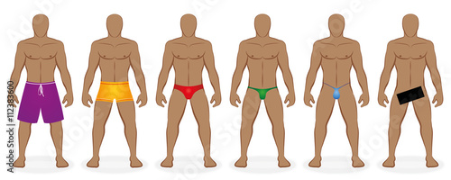Swimwear dress code for men - ordinary, usually bathers and nude bathing - Isolated vector illustration on white background.