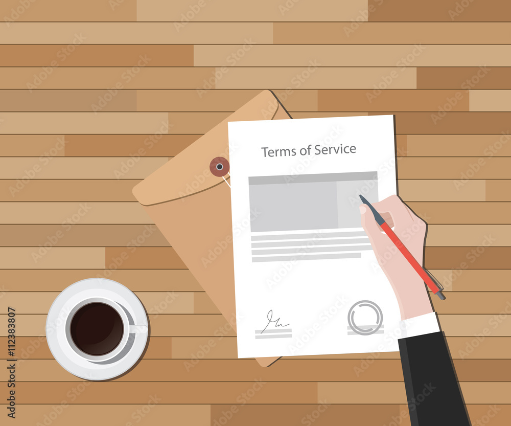 Εκτύπωση καμβά tos terms of service hand sign a paper document and glass of coffee vector graph