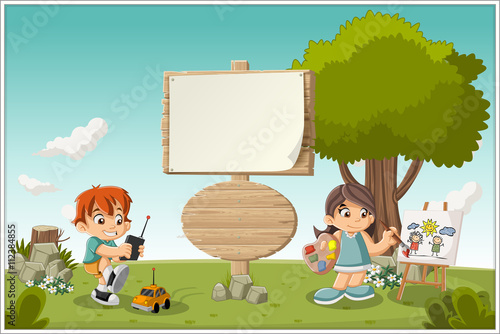 Wooden sign on colorful park with cartoon children playing.