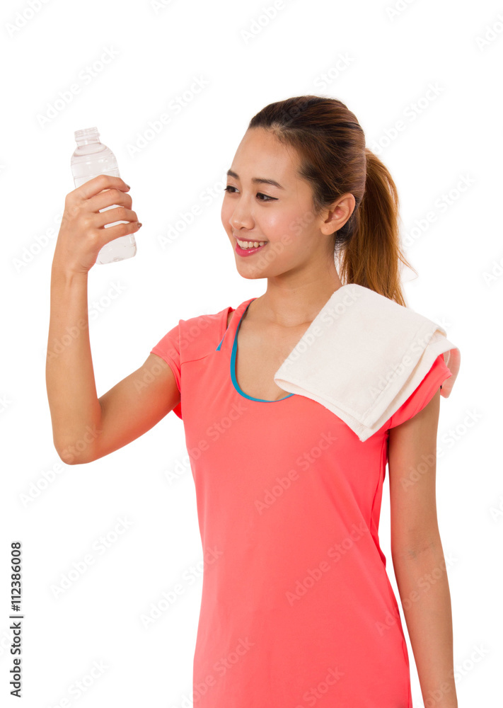 Happy smiling asian woman in fitness wear with bottle of water on white background. Happy smiling asian woman in fitness wear with bottle of water on white background.