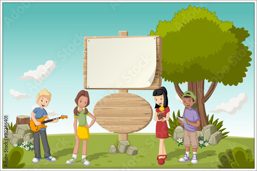 Wooden sign on colorful park with cartoon teenagers