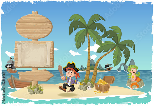 Wooden sign on a beautiful tropical island with cartoon pirate boy.
