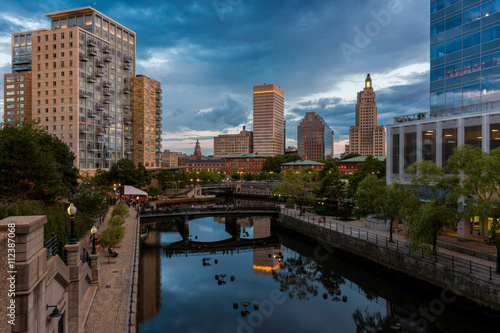 Waterplace Park, the Woonasquatucket River and downtown Providence from the Martin Luther, Jr. Bridge in Providence, Rhode Island photo