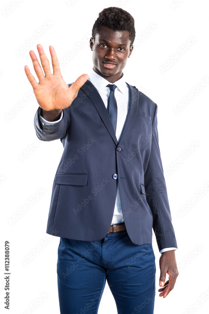 Handsome black man counting five Handsome black man counting five