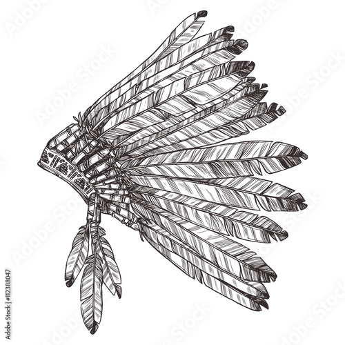 Hand Drawn Native American Indian Headdress In Profile. Vector Monochrome Illustration Of Indian Tribal Chief Feather Hat Side View