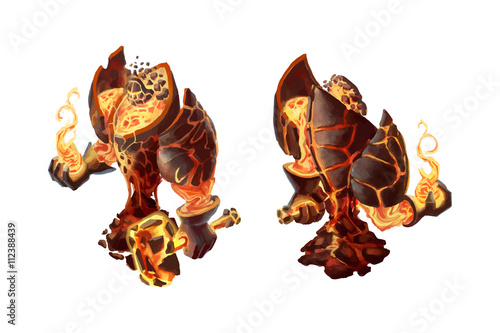 Cartoon fire golem, game character on white