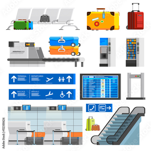 Airport Interior Flat Color Decorative Icons Set 