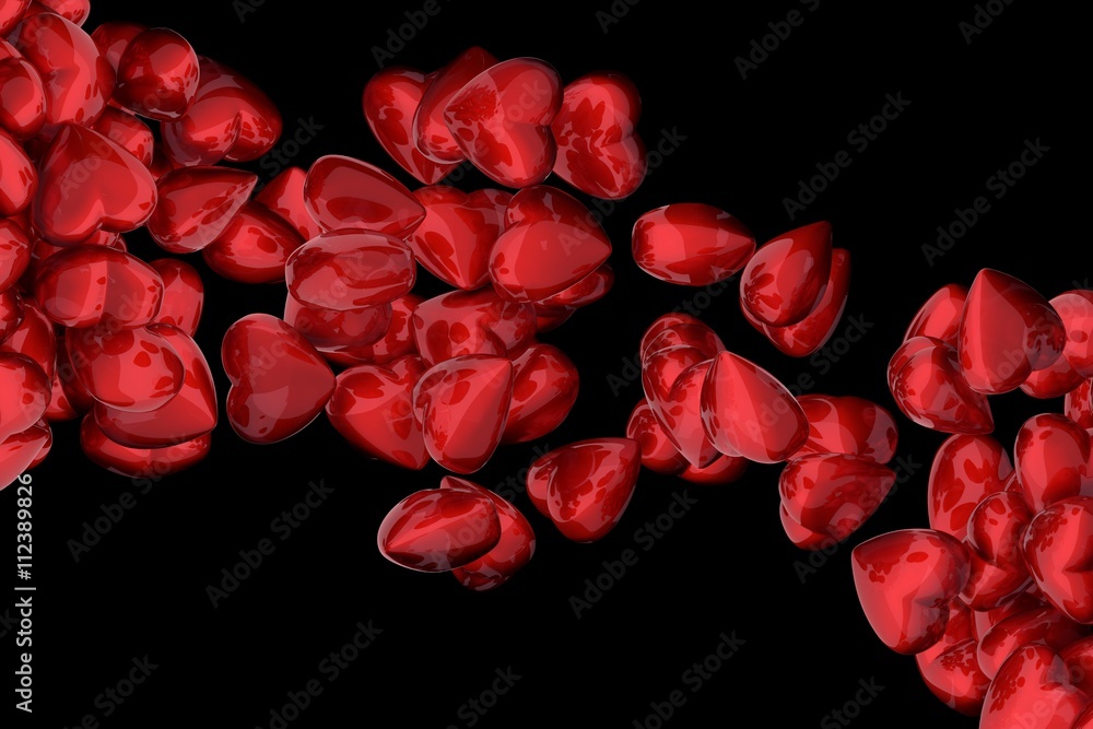 Abstract 3D render of red glossy hearts against black background Abstract 3D render of red glossy hearts against black background