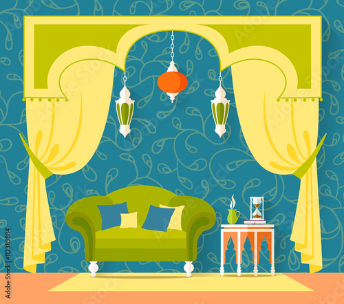 Living room interior design in Arabian or Indian style. Inetrior in a flat style. Vector illustration. The room in Oriental style.
