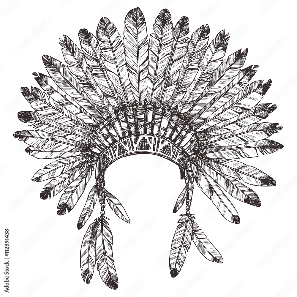Hand Drawn Native American Indian Headdress Vector Monochrome Illustration Of Indian Tribal 