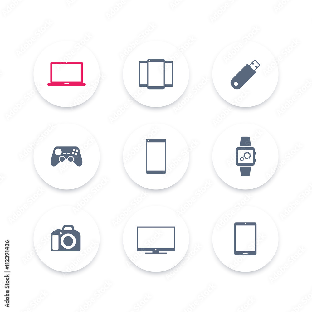 Gadgets icons set (laptop, tablet, camera, smartphone, smart watch icon), vector illustration