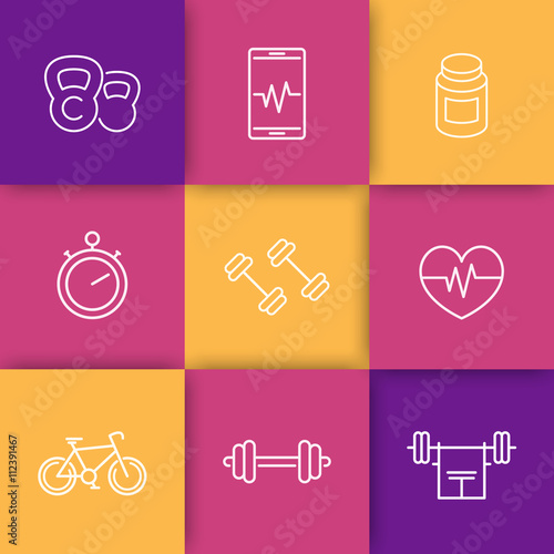 fitness, gym linear icons set, vector illustration