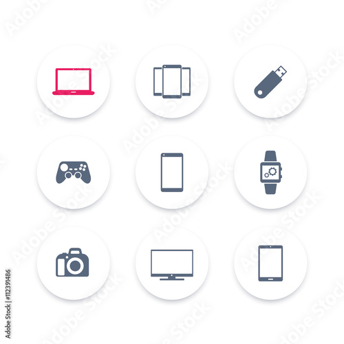 Gadgets icons set (laptop, tablet, camera, smartphone, smart watch icon), vector illustration © nexusby