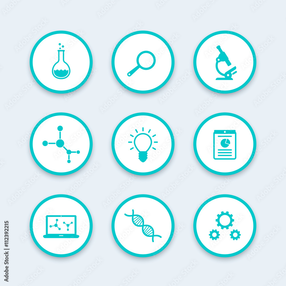 Science icons set, research, laboratory, microscope, dna chain, lab glass, science pictograms, vector illustration
