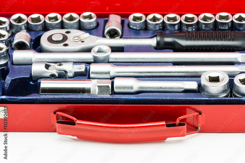 Close up car engine with tools Close up car engine with tools