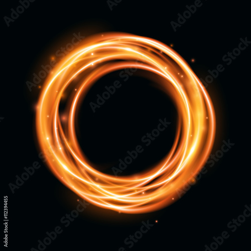 Glow light effect. Magic gold circle. Gold round frame. Swirl trail effect on black background. Vector illustration.