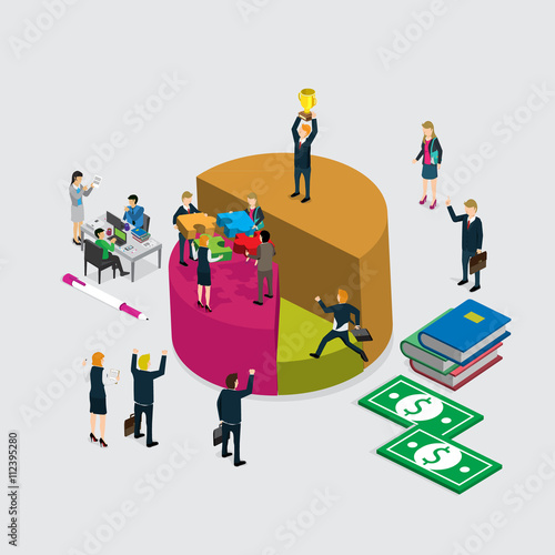 Efficient and inefficient workers on pie chart parts 3d isometric business concept