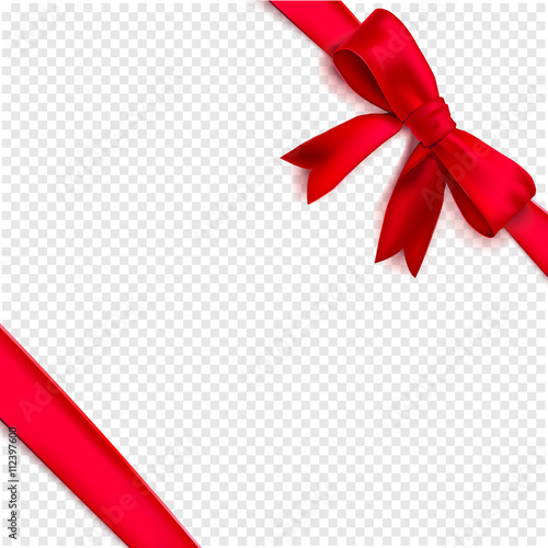 Red isolated ribbon with bow tied to corners with a knot. Vector jubilee present background