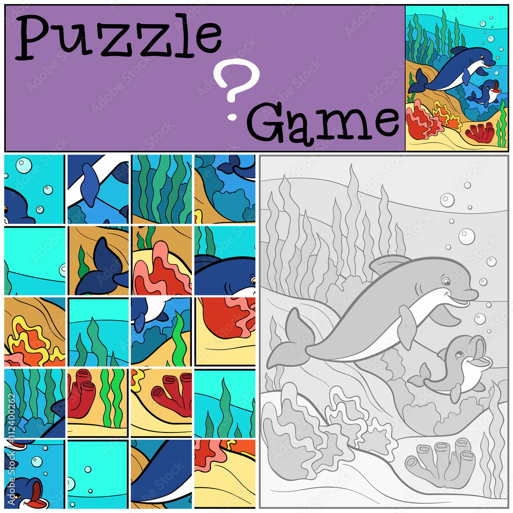 Education games for kids. Puzzle. Mother dolphin swims underwate with her little cute baby dolphin.
