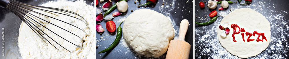 Fototapeta premium concept cooking dough for pizza. vegetables rolled dough rolling pin on a dark background