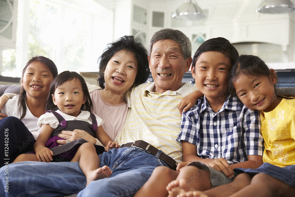 Portrait Of Grandparents With Grandchildren Sitting On Sofa Portrait Of Grandparents With Grandchildren Sitting On Sofa