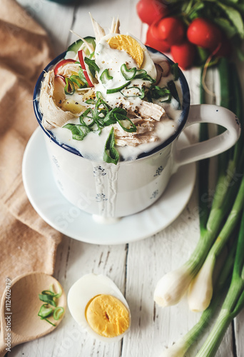 Cold russian soup with fresh vegetables, eggs and meat