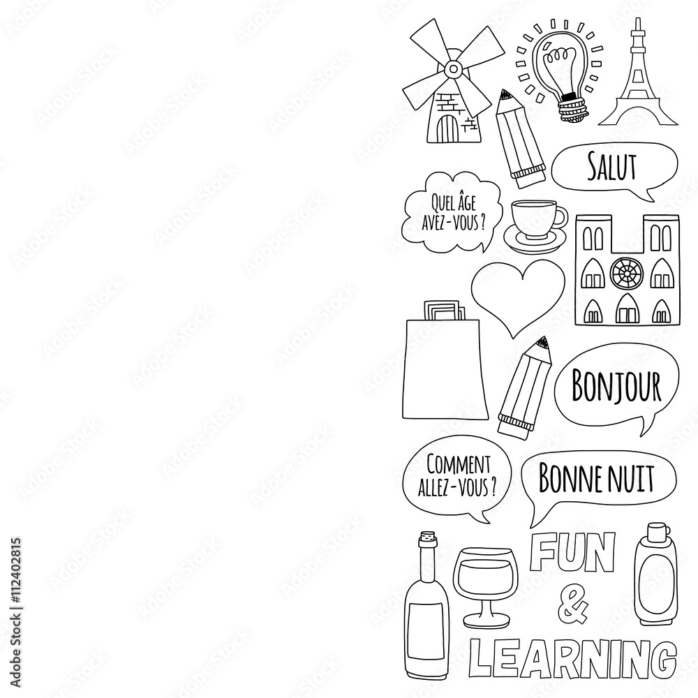 Online french courses Language school Vector set of doodle icons