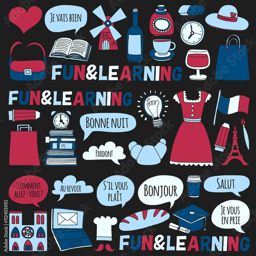 Online french courses Language school Vector set of doodle icons photo