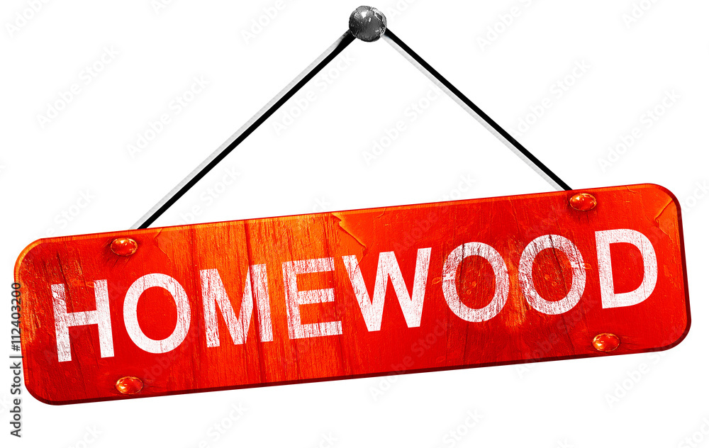 homewood, 3D rendering, a red hanging sign homewood, 3D rendering, a red hanging sign