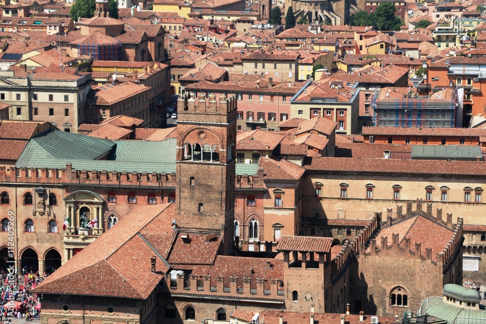 View to Palazzo Re Enzo and Palazzo d'Accursio from Tower Asinelli in Bologna Italy 