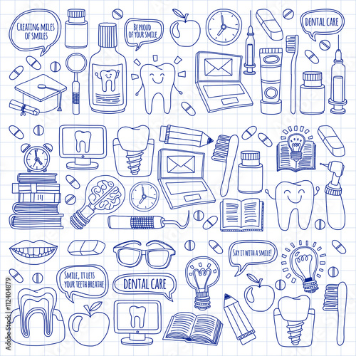 Dentistry Vector doodle set of icons Children dental care