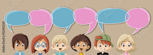 Cartoon children talking with speech bubbles

