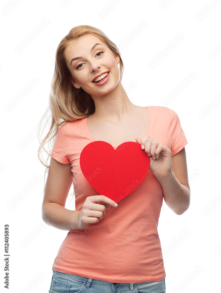 happy woman or teen girl with red heart shape happy woman or teen girl with red heart shape