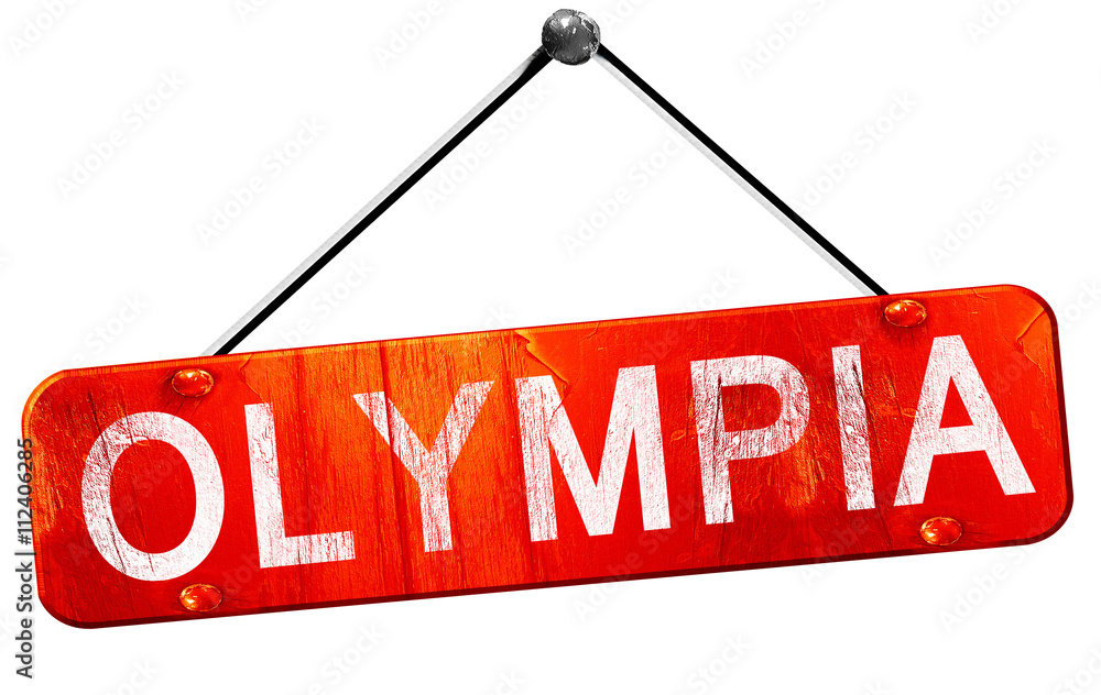 olympia, 3D rendering, a red hanging sign olympia, 3D rendering, a red hanging sign