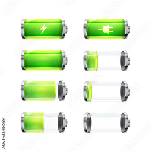 Set of glossy battery icons with different charge level and power signs on white