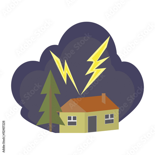 Lightning strike  illustration with home. Concept for insurance and fire safety article and infograohic. eps10 vector