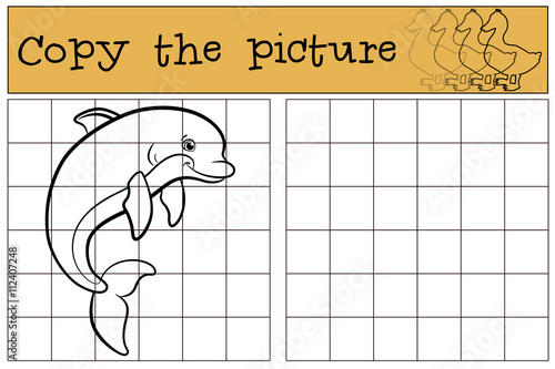 Children games: Copy the picture. Little cute dolphin jumps.