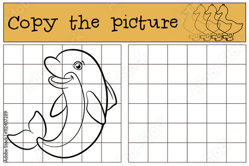 Children games: Copy the picture. Little cute dolphin smiles.