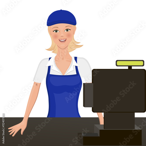 The cashier behind the counter. Isolated object. headpiece and apron is easy to clean.