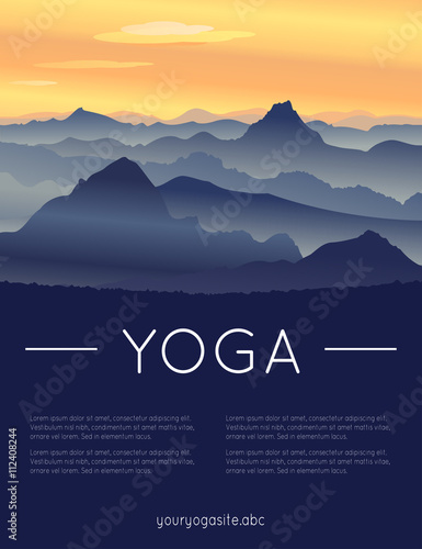 Vector yoga illustration. Template of poster for International Yoga Day. Placard for 21 June, Yoga day. Yoga poster with mountain landscape. Backdrop with flat design. Summer sunset over the hills.