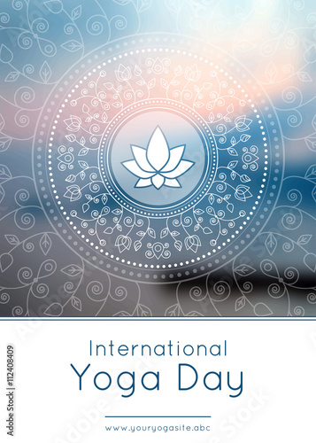 Vector yoga illustration. Template of poster for International Yoga Day. Flyer for 21 June, Yoga day. Lotus on an ethnic pattern background. Linear design. Trendy yoga poster, banner.