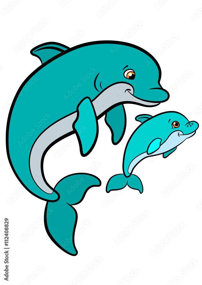 Cartoon animals for kids. Mother dolphin swims with her little cute baby dolphin. Cartoon animals for kids. Mother dolphin swims with her little cute baby dolphin.