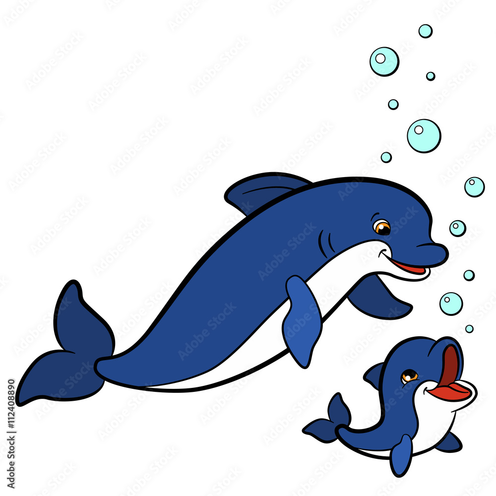 Cartoon Baby Dolphin 1000, 1000 Cartoon animals for kids. Mother dolphin swims with her little cute baby  dolphin. Stock Vector | Adobe Stock