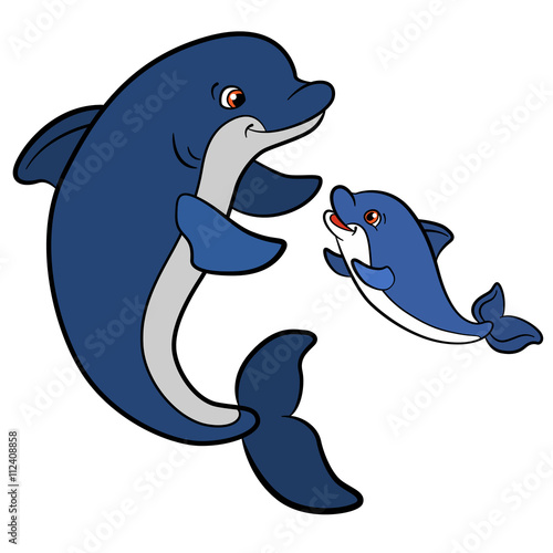Cartoon animals for kids. Mother dolphin swims with her little cute baby dolphin.