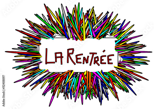 logo,"la rentrée" étiquette déchirée,sur tas de crayons