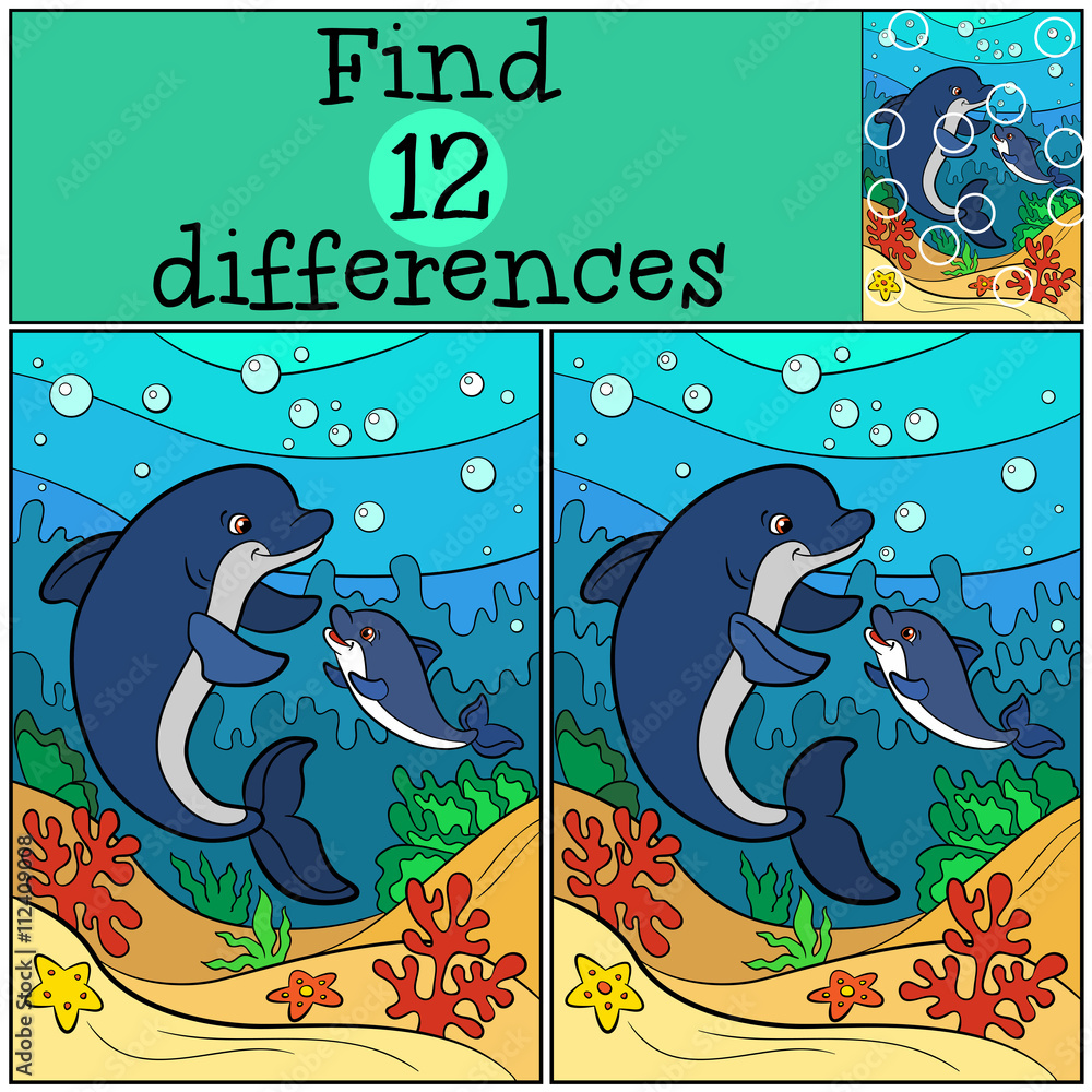 Obraz premium Children games: Find differences. Mother dolphin swims underwater with her little cute baby dolphin.