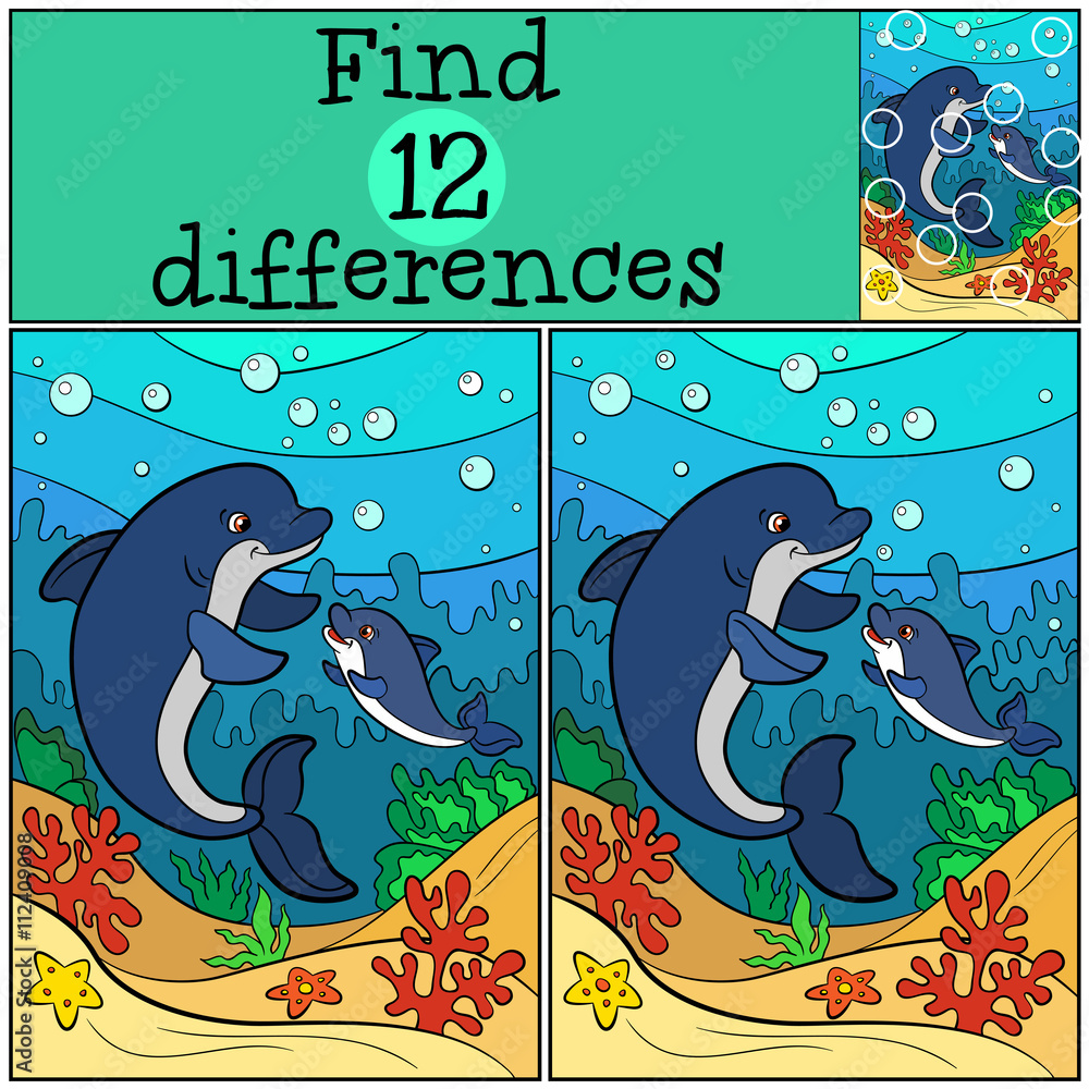 Fototapeta premium Children games: Find differences. Mother dolphin swims underwater with her little cute baby dolphin.