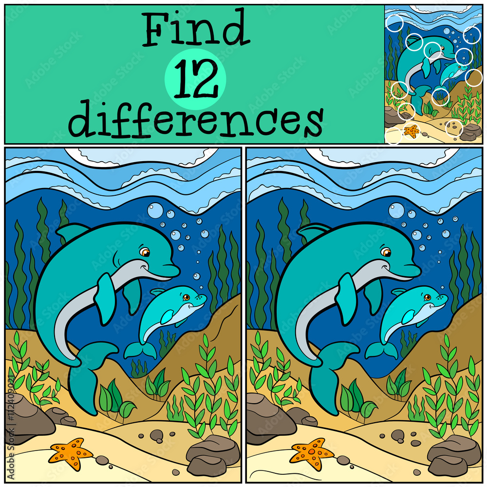 Obraz premium Children games: Find differences. Mother dolphin swims underwater with her little cute baby dolphin.