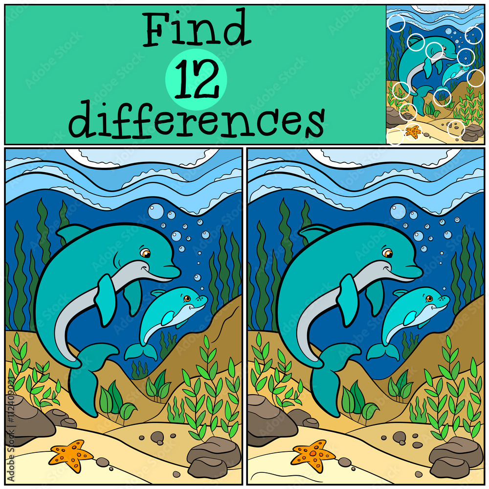 Fototapeta premium Children games: Find differences. Mother dolphin swims underwater with her little cute baby dolphin.